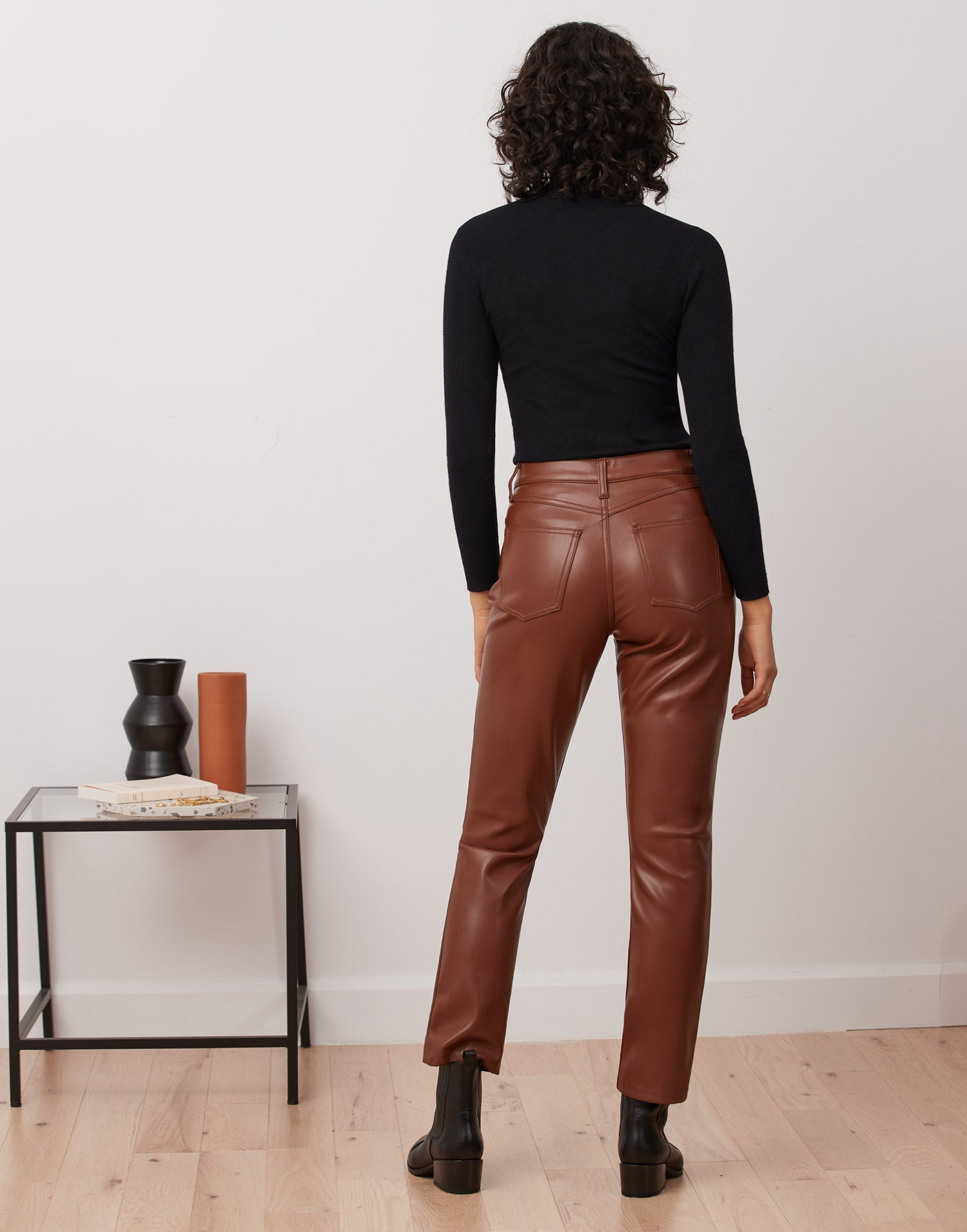 EMILY SLIM VEGAN LEATHER PANT / DARK BROWN