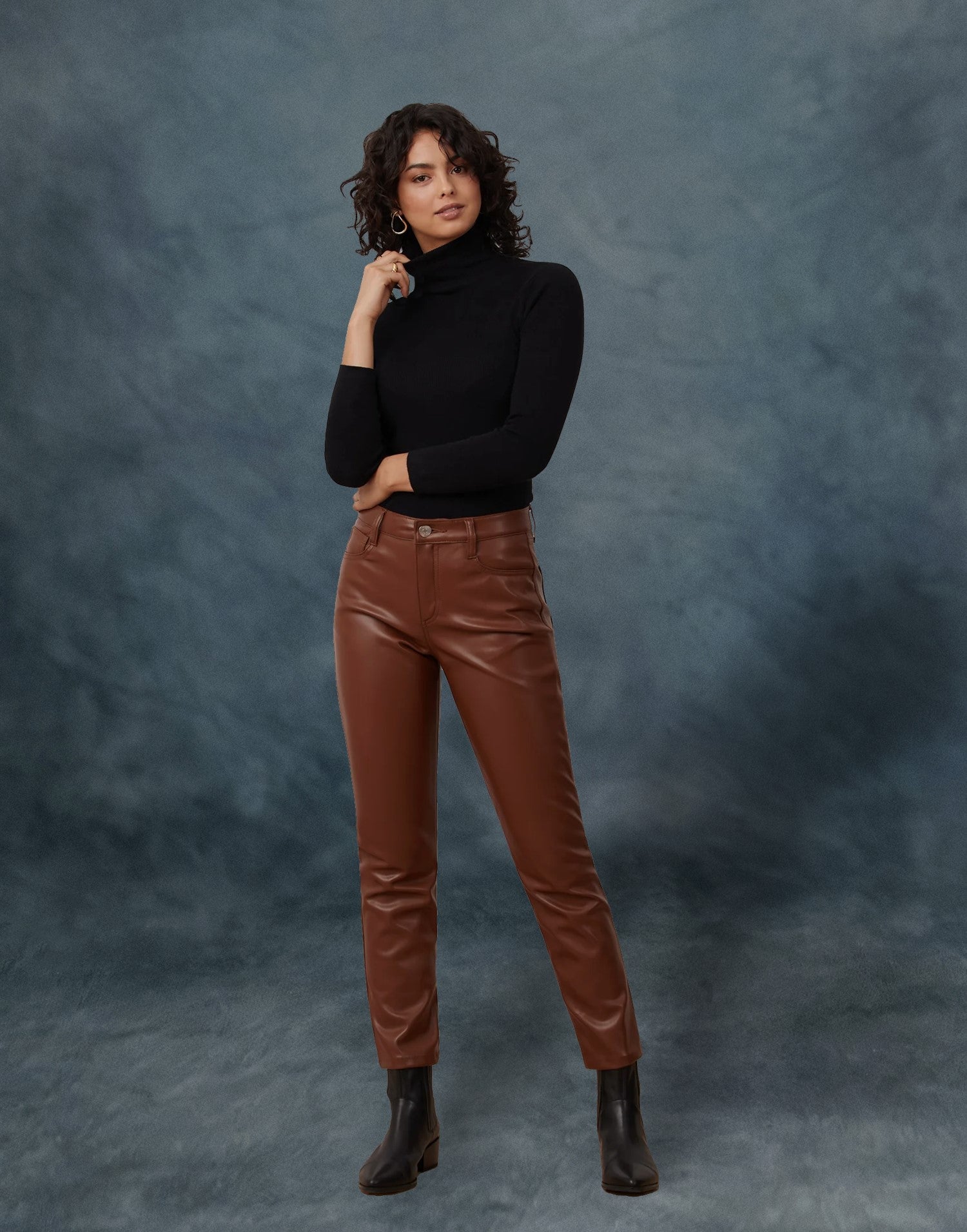 EMILY SLIM VEGAN LEATHER PANT / DARK BROWN