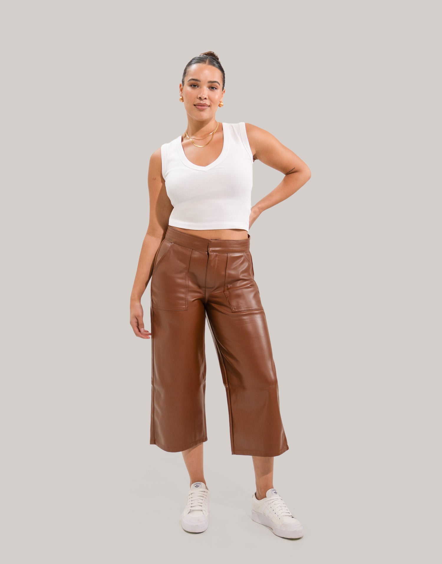 LILY WIDE LEG VEGAN LEATHER PANT / DARK BROWN