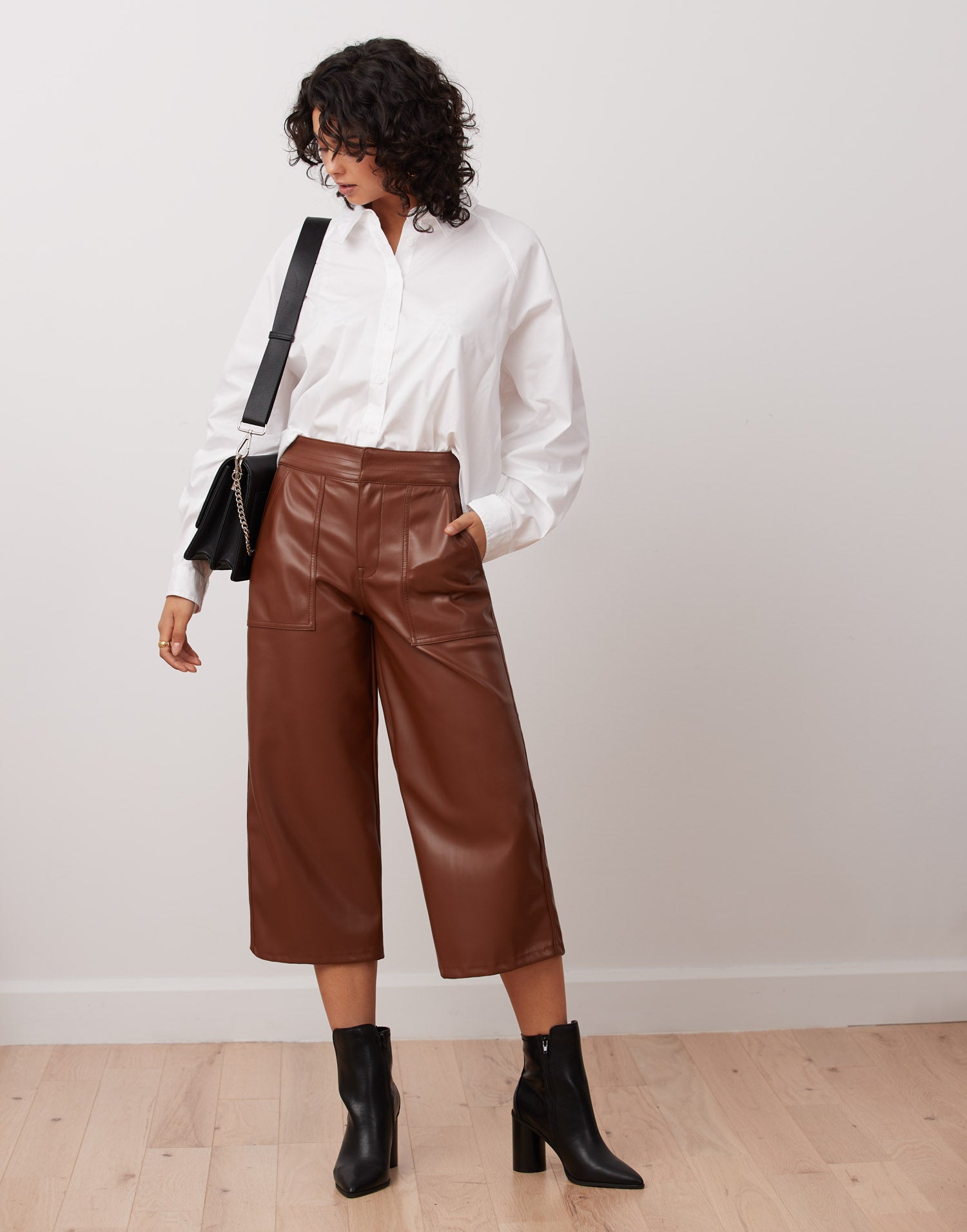 LILY WIDE LEG VEGAN LEATHER PANT / DARK BROWN