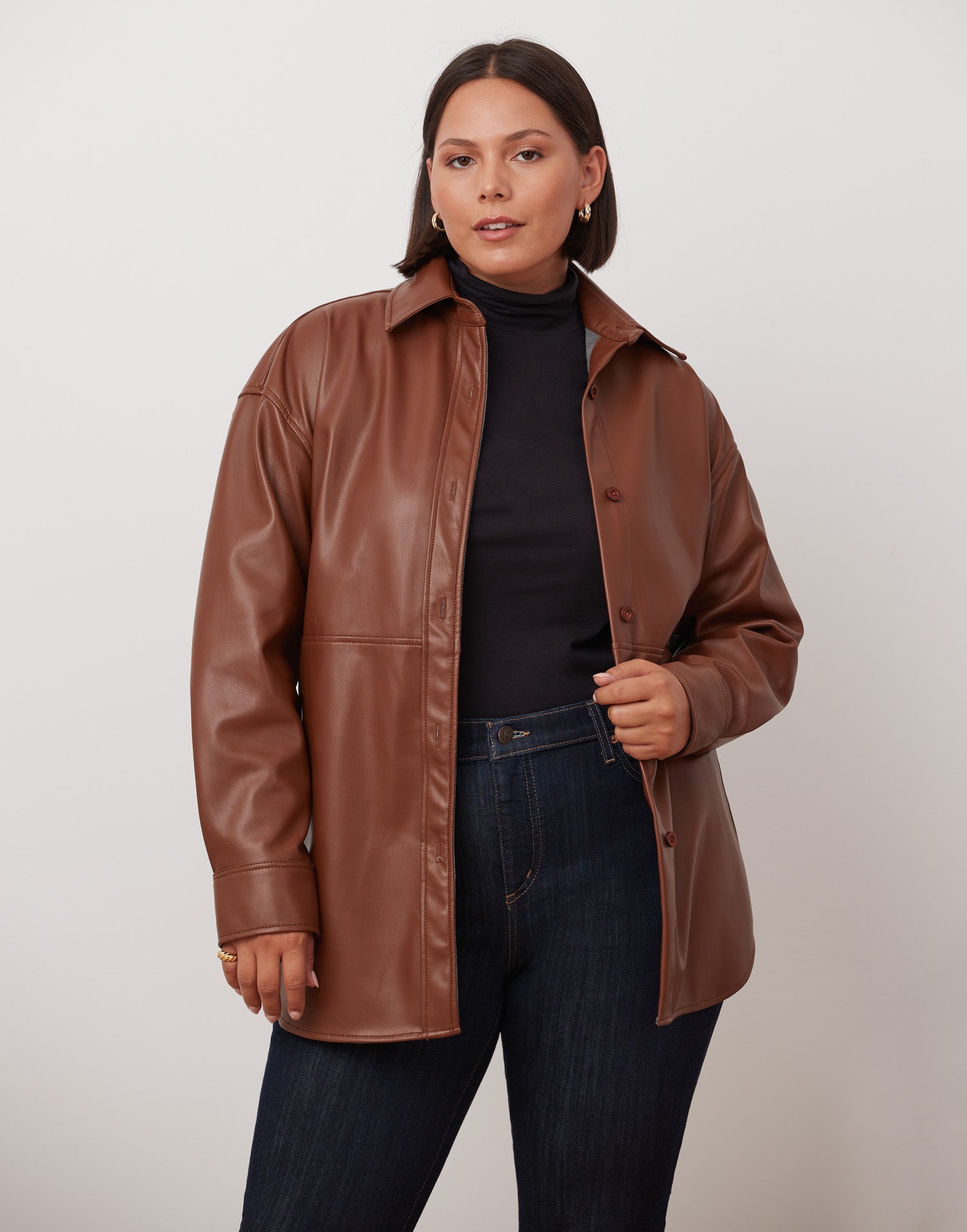 VEGAN LEATHER OVERSHIRT / DARK BROWN