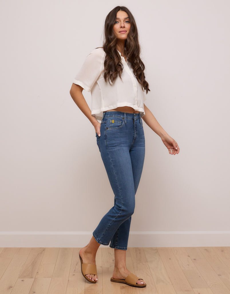 medium blue cropped slim jeans